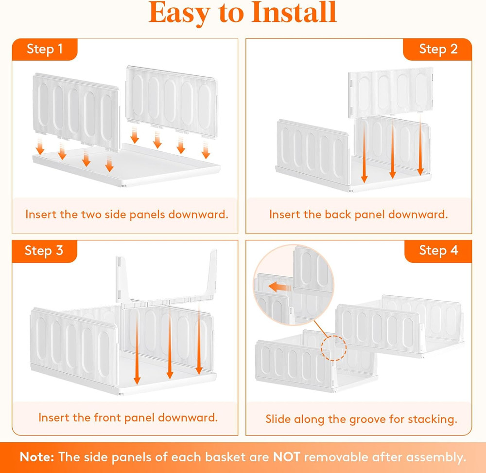 6 Pack Stackable Closet Organizers and Storage Basket for Clothes, Plastic Sweat