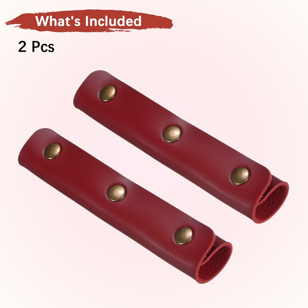 2PCS Leather Handle Wrap with 3 Metal Clasps for Suitcases,Wine Red