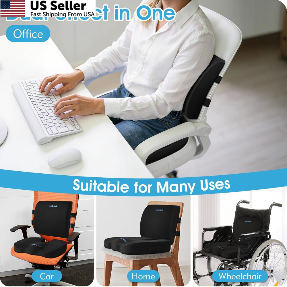 CushZone Ergonomic Seat Cushion & Lumbar Support Pillow - Memory Large, Black