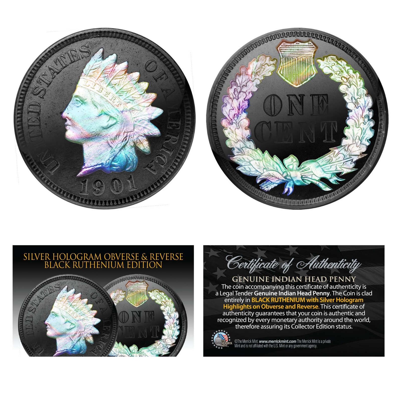 1900's Genuine INDIAN HEAD CENT PENNY Coin - BLACK RUTHENIUM & SILVER HOLOGRAM