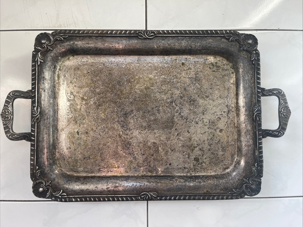 Antique Silver Plated Serving Tray 19” x 11.5” Handled Footed Scroll Work