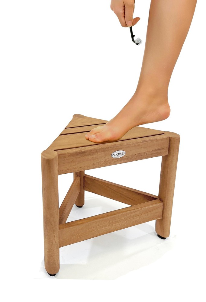 Asta Select Solid Teak Corner Shower/Bath/Outdoor Corner Foot Stool, Teak Woo...