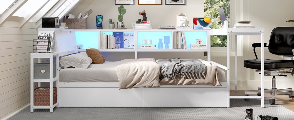 Corner Bed Frame Full Size with Bookcase and 2 Underbed Storage Drawers, Moder