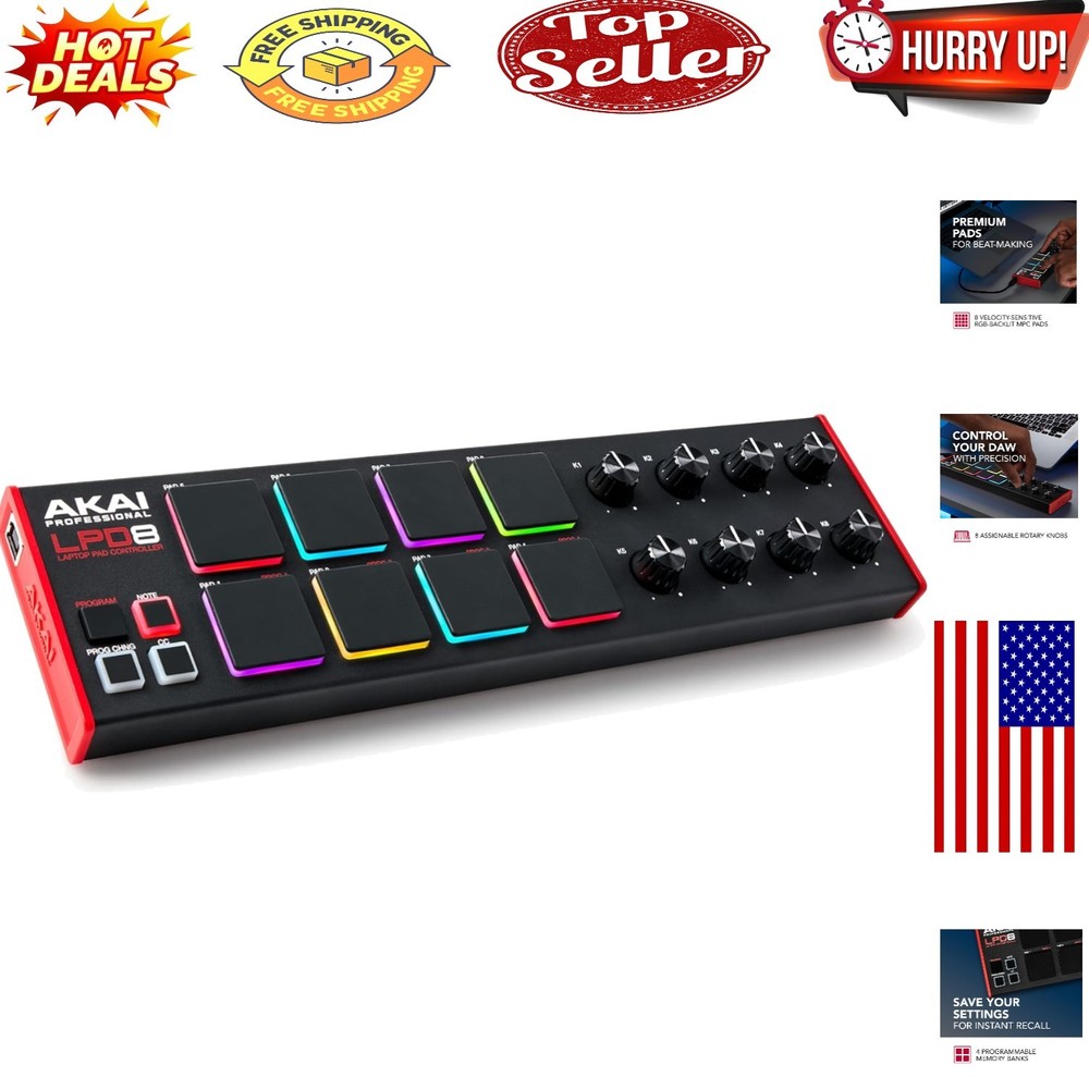 Portable USB MIDI Controller with RGB Pads & Adjustable Knobs for Music Produ...