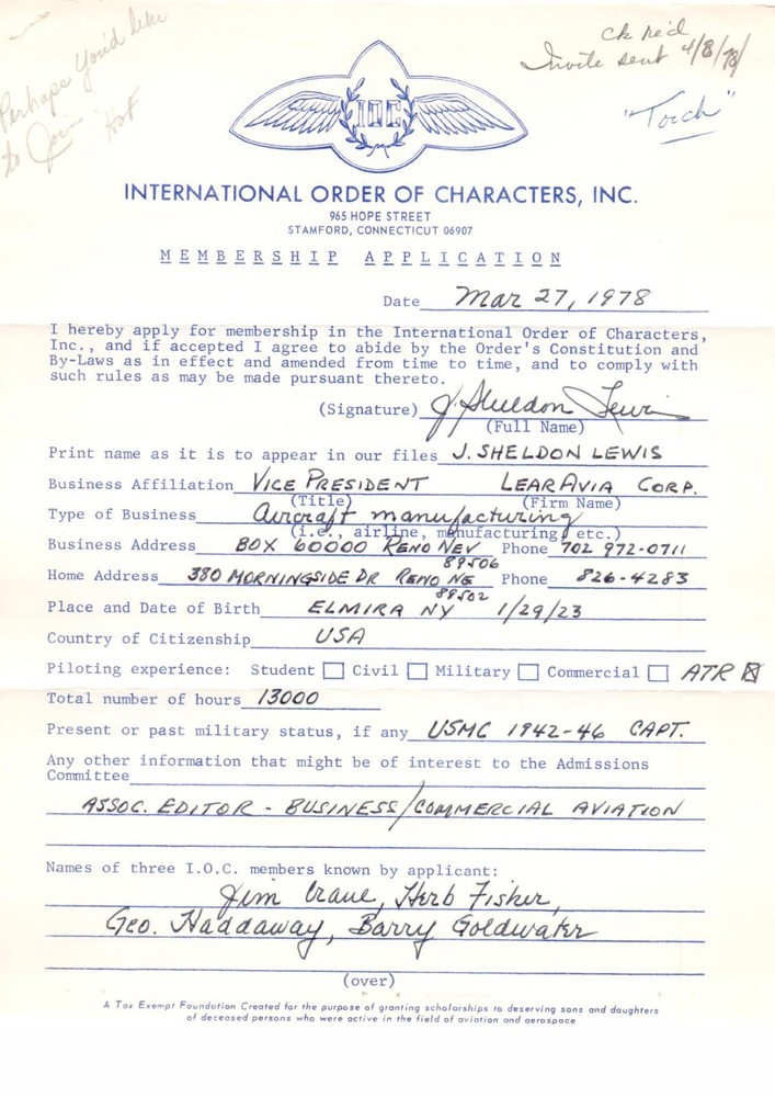 J. Sheldon "Torch" Lewis Signed Letter Historical Aviation