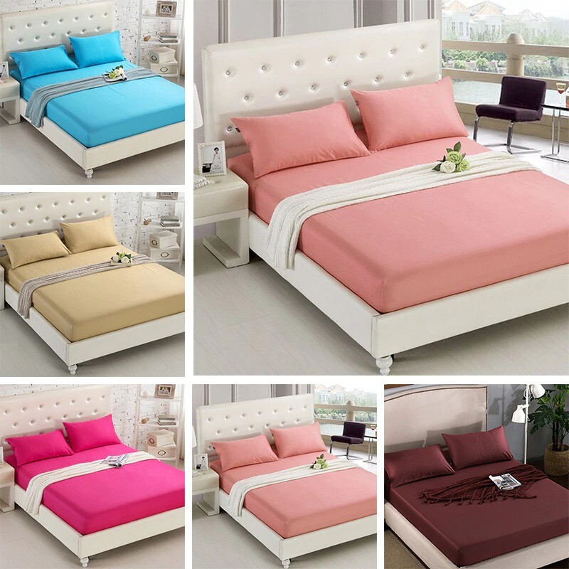 1PCS Fitted Sheet Solid Color Bed Sheets With Elastic Band Double Queen