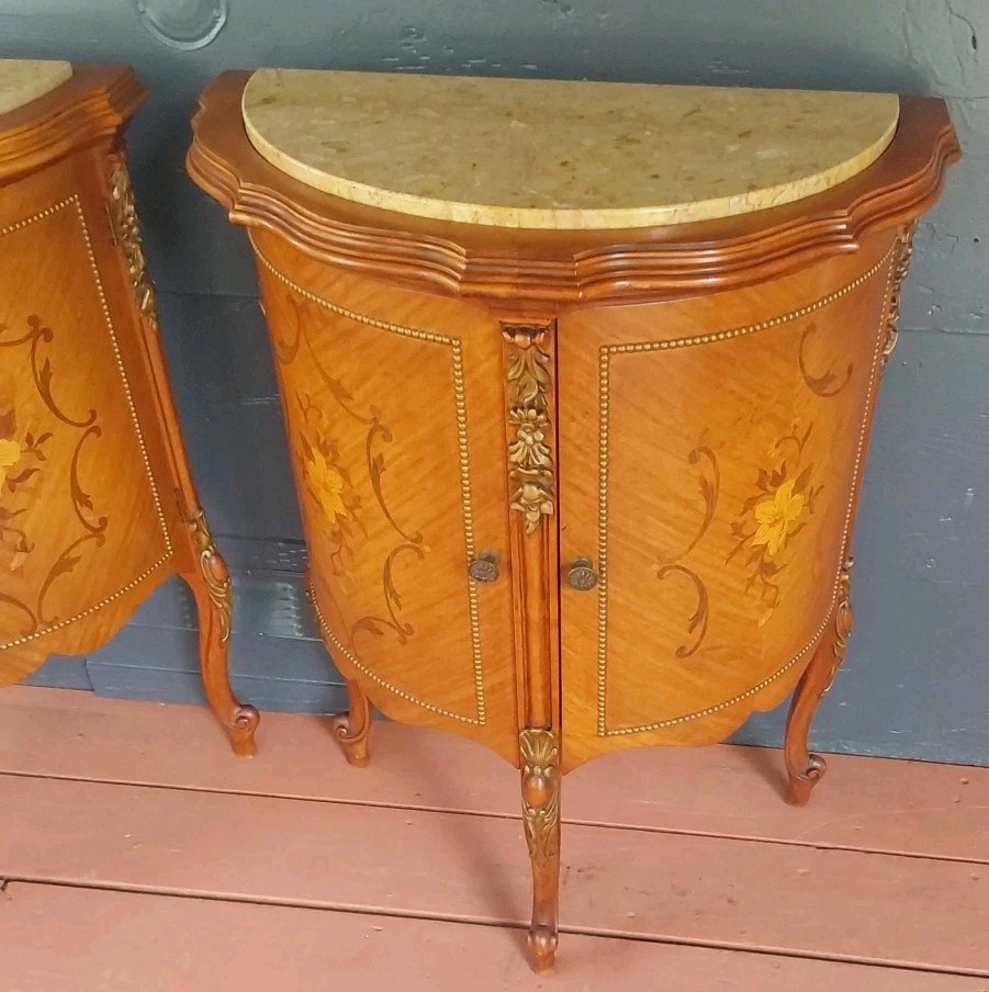 Vintage French Demilune Inlayed Wood End Tables w/Marble Tops 30 Tall X 23" Wide
