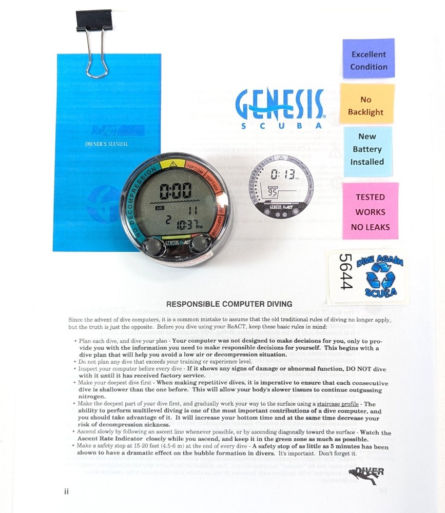 Genesis React Puck Scuba Dive Diving Computer Module Air & Nitrox EXCELLENT!
