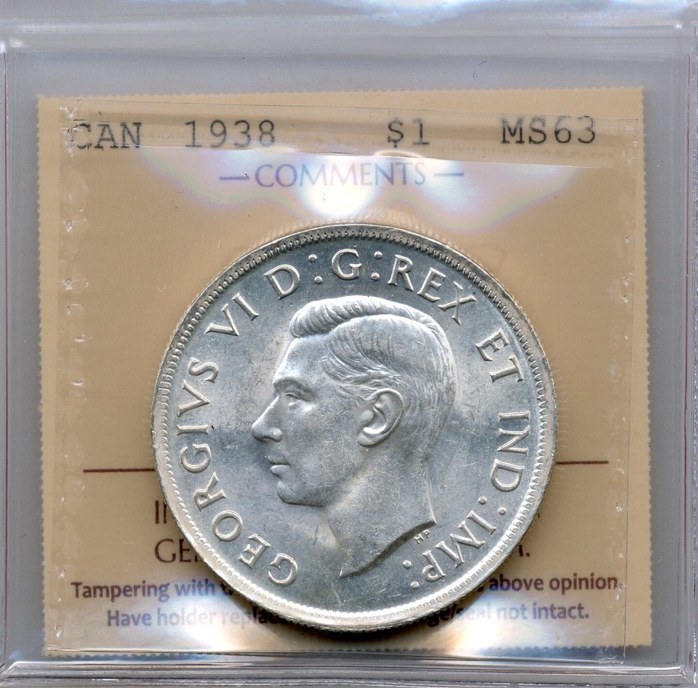 1938 Canada Silver Dollar - Choice Uncirculated, ICCS MS 63