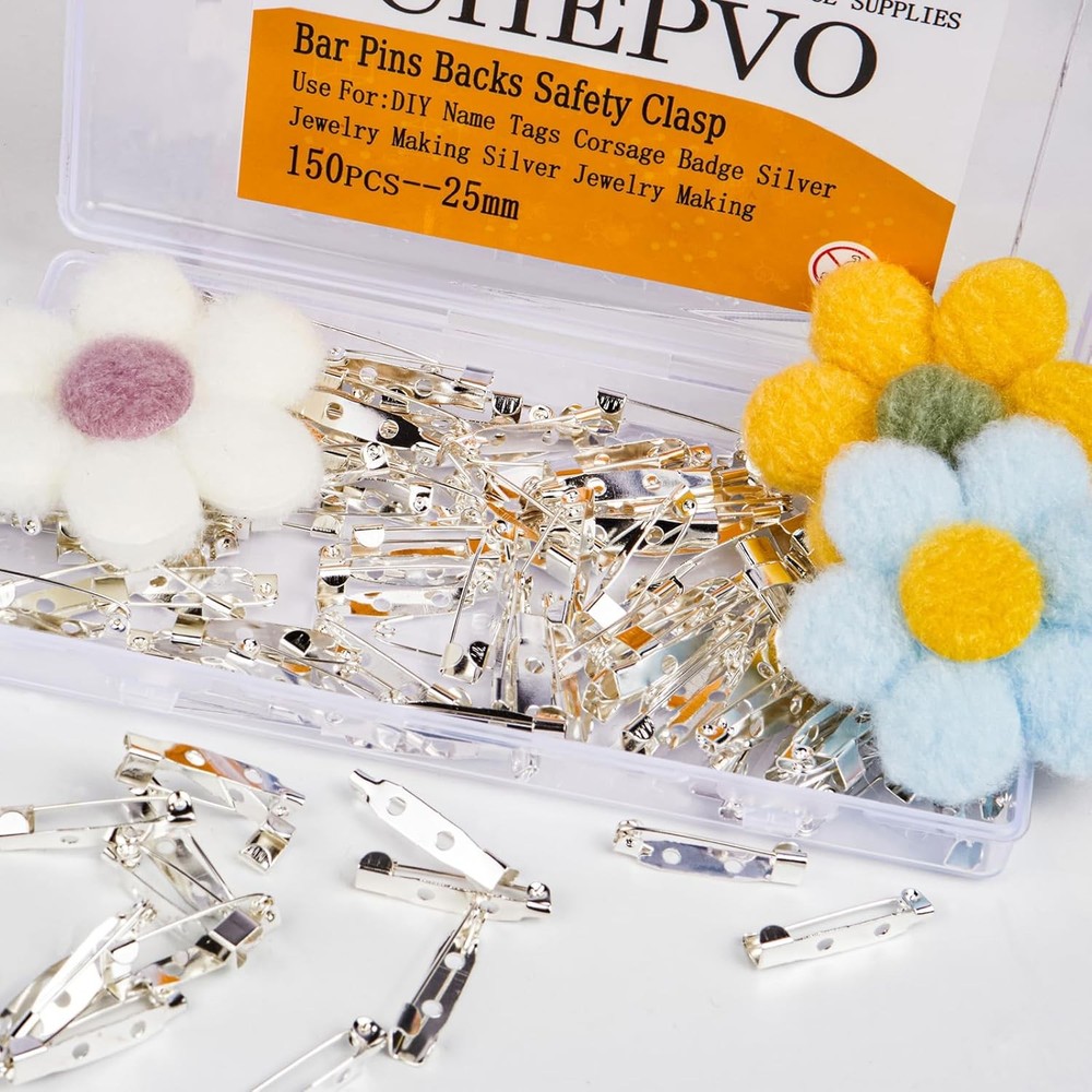 150PCS Bar Pins Backs Safety Clasp, Silver Locking 25MM Brooch
