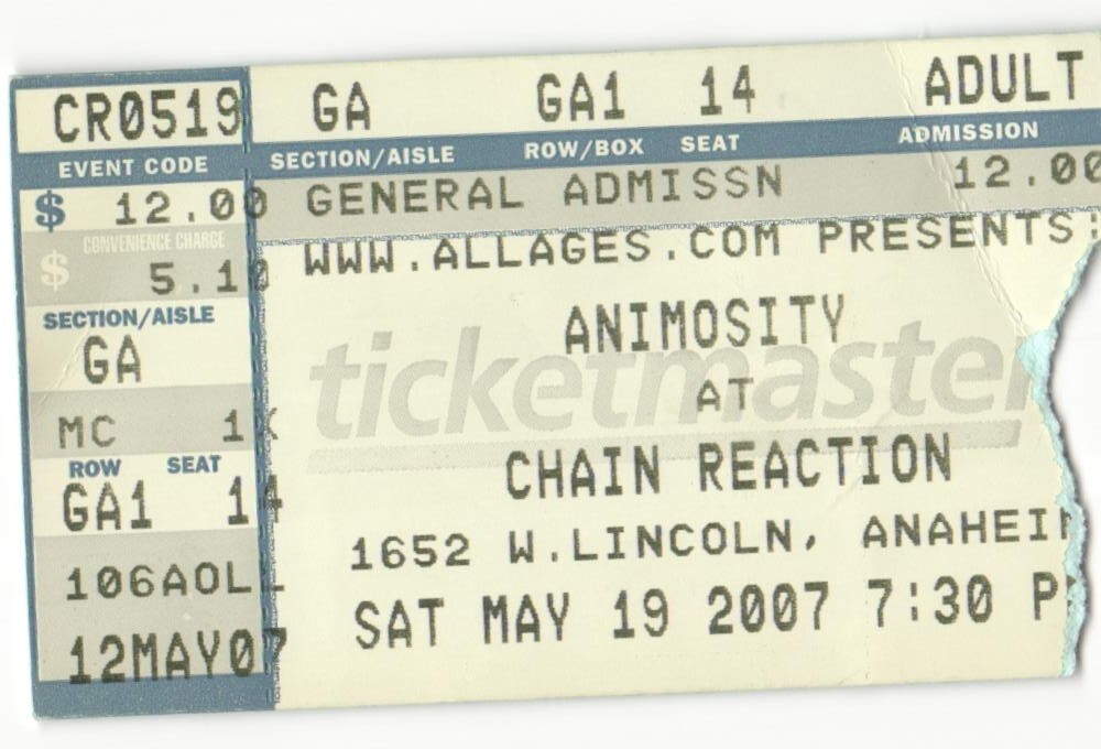 2007 Animosity Concert Ticket Stub Anaheim CA