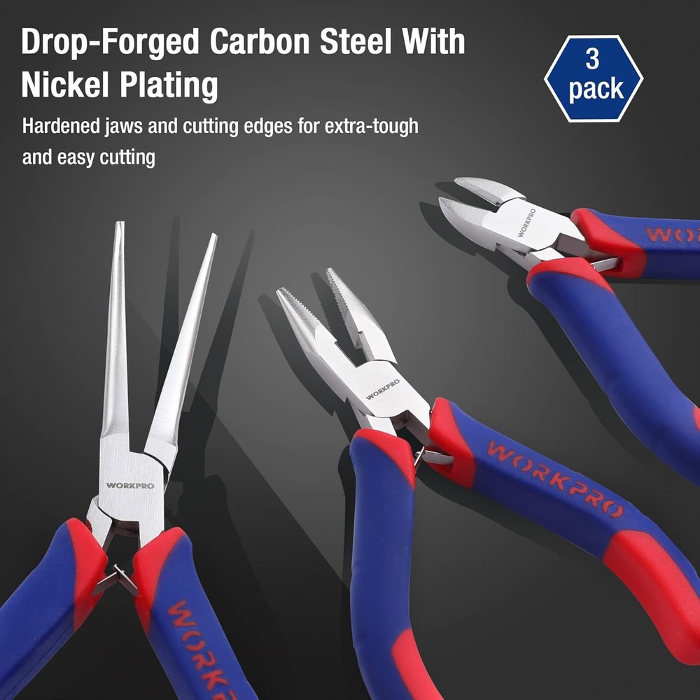 WORKPRO Mini Pliers Set, 3-Piece Small Pliers Tool Kit Includes 4” Diagonal Pl