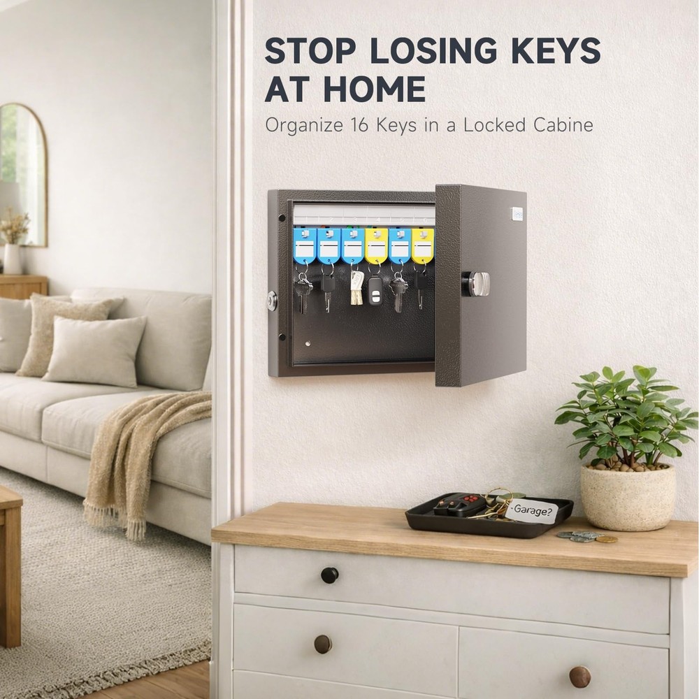 16 Key Lock Box - Wall Mounted Key Cabinet with 3-Digit Combination Lock & Ba...