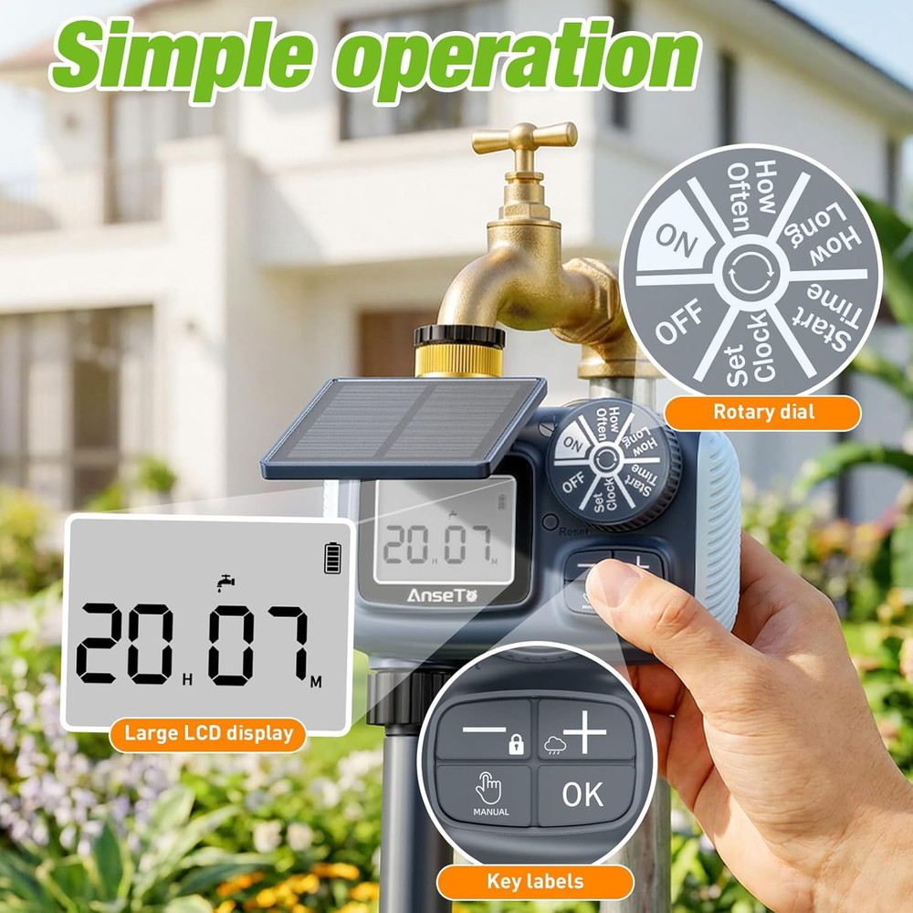 Solar Sprinkler Timer, Solar & Type-C Rechargeable Water Timer for Garden Hose,