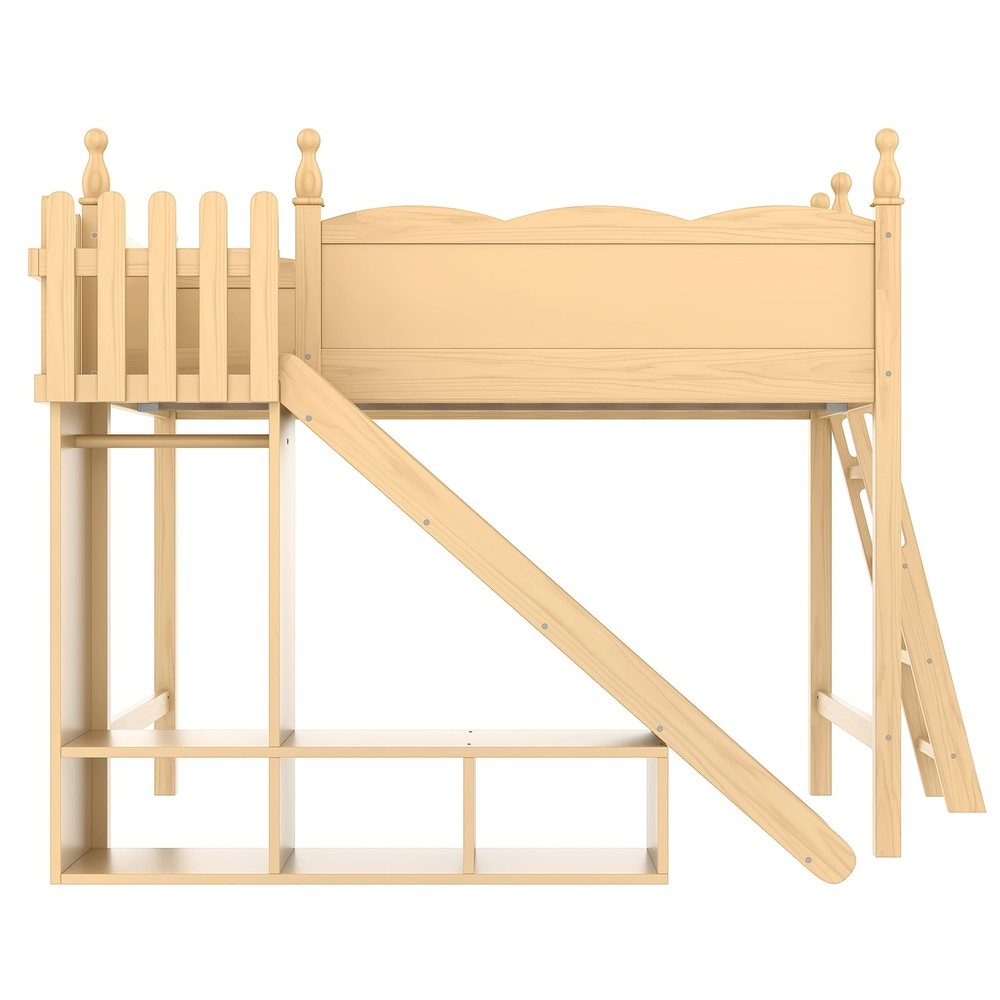 Full Solid Wood Loft Bed Frame with Storage Shelves Wardrobe & Detachable Slide