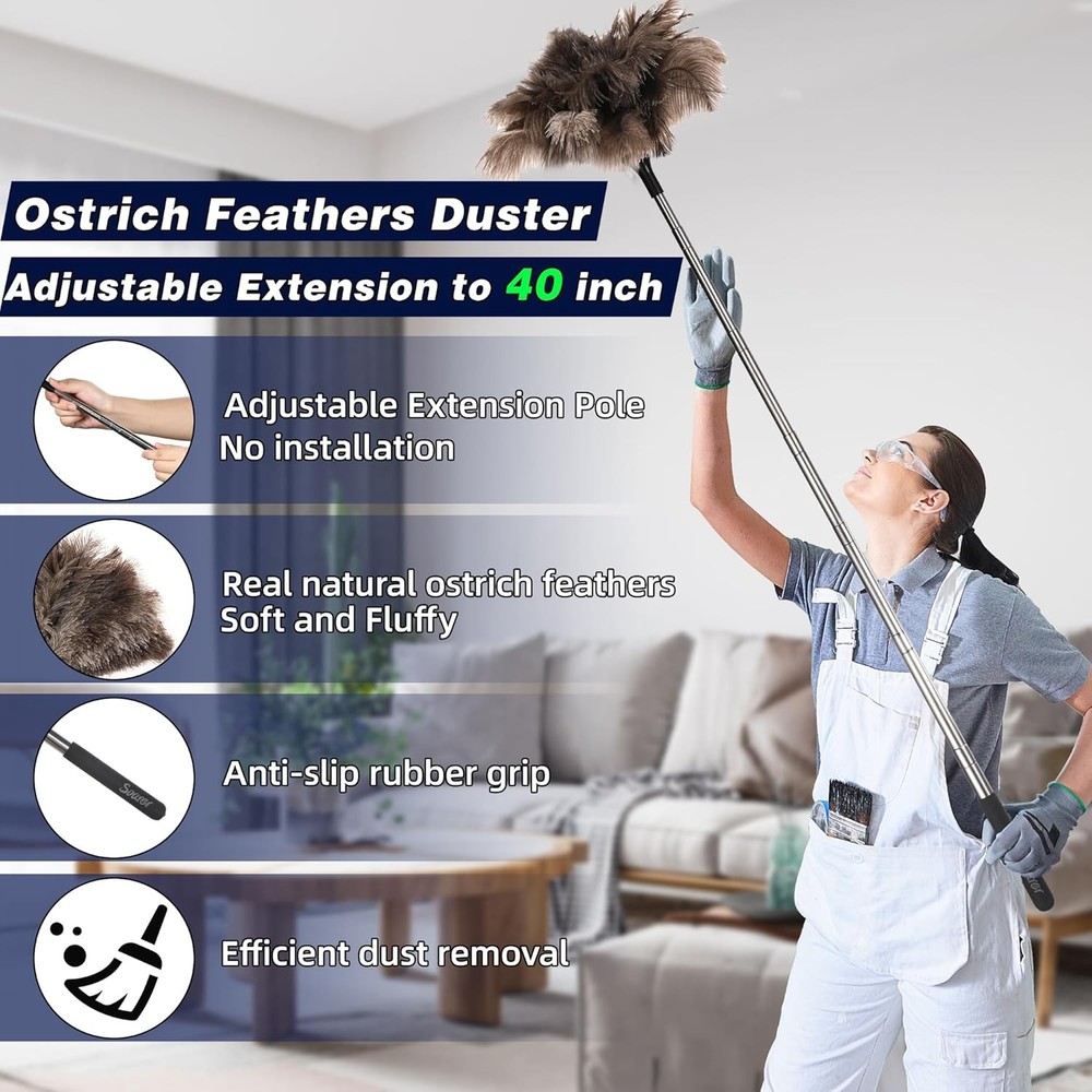 Extendable Fluffy Ostrich Feather Duster 40 Inch Long Handle Reusable for
