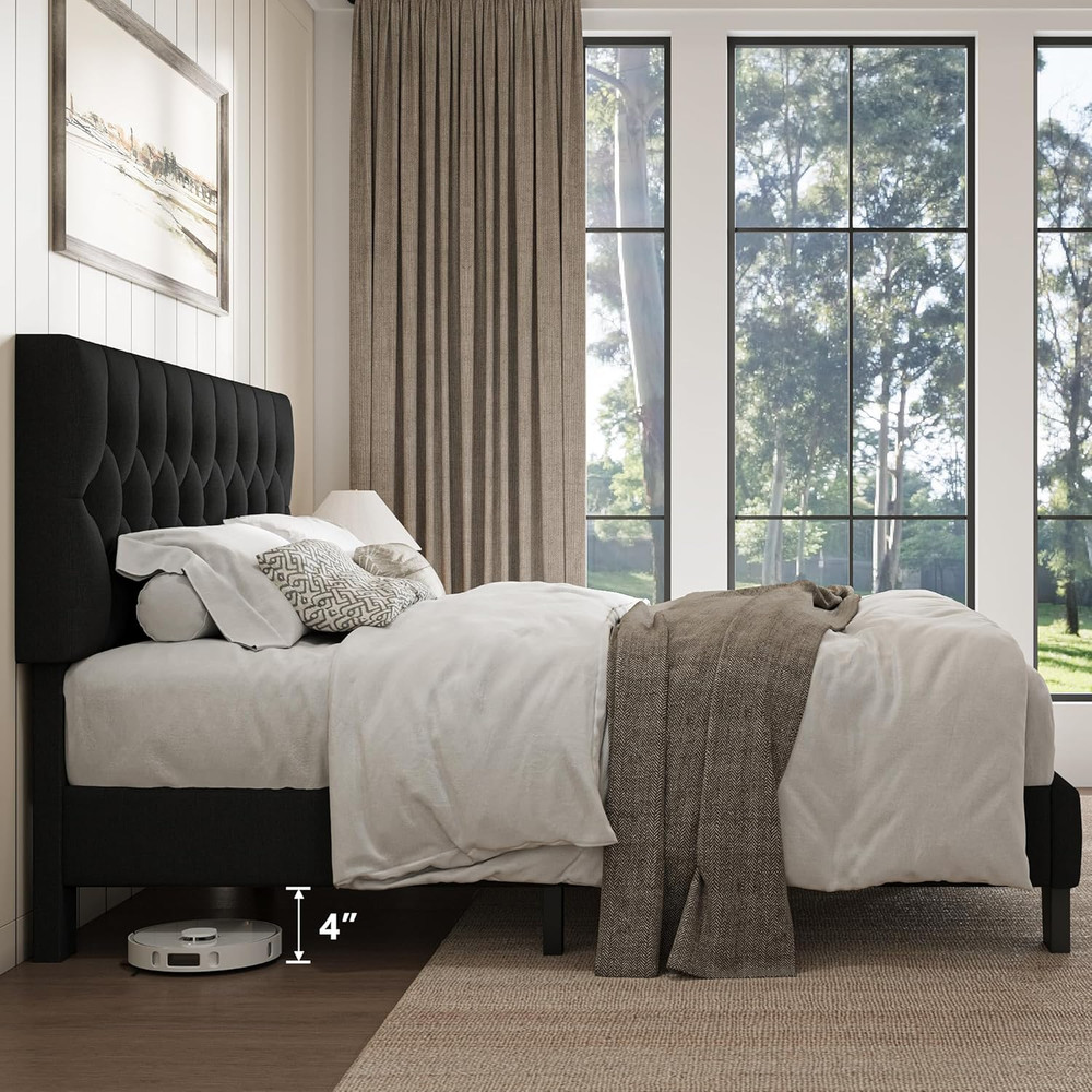 Ipormis Upholstered Full Size Bed Frame with Button Tufted Headboard, Linen Plat