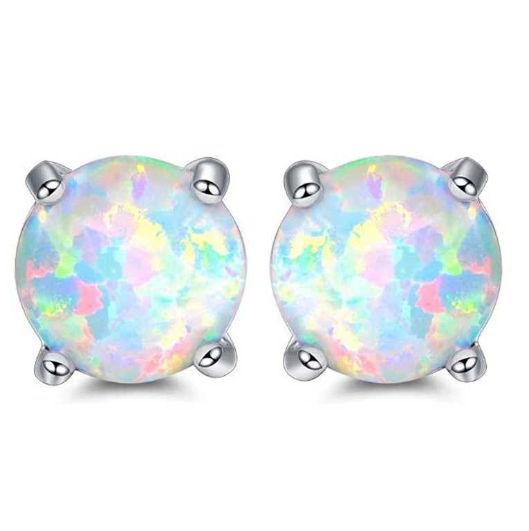 Round White Small Blue Fire Opal 925 Sterling Silver Stud Post Earrings 4mm PE19