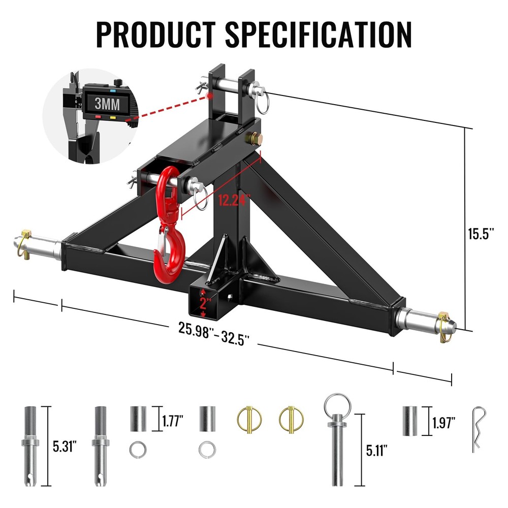 3 Point Trailer Hitch 2” Receiver Quick Compatible with Towing Black