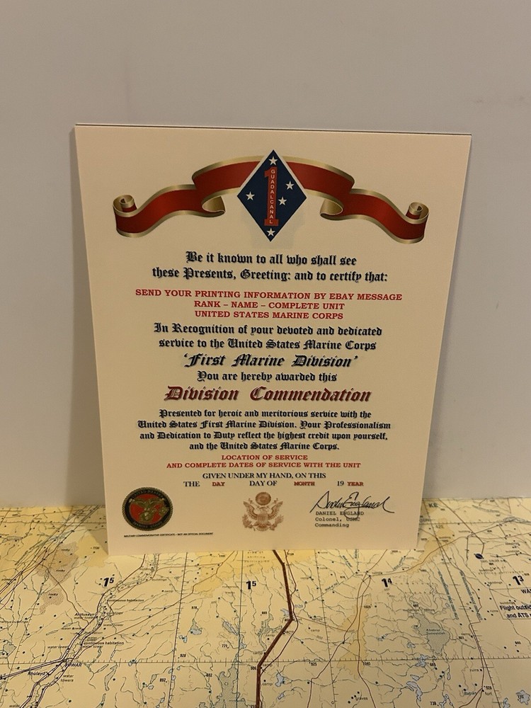U.S.M.C. / FIRST MARINE DIVISION ~ DIVISION COMMENDATION REPLACEMENT CERTIFICATE