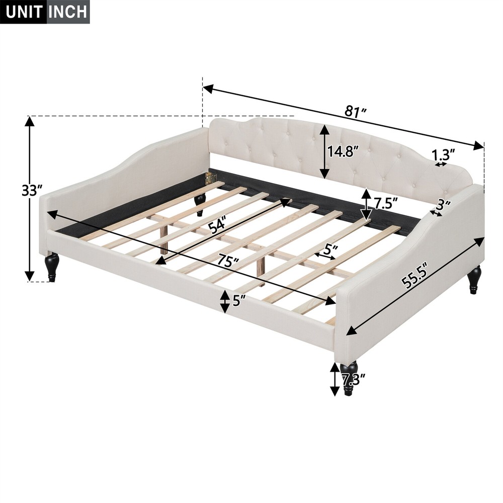 Full Size Daybed Linen Upholstered Bed Frame Sofa Bed for Bedroom Beige