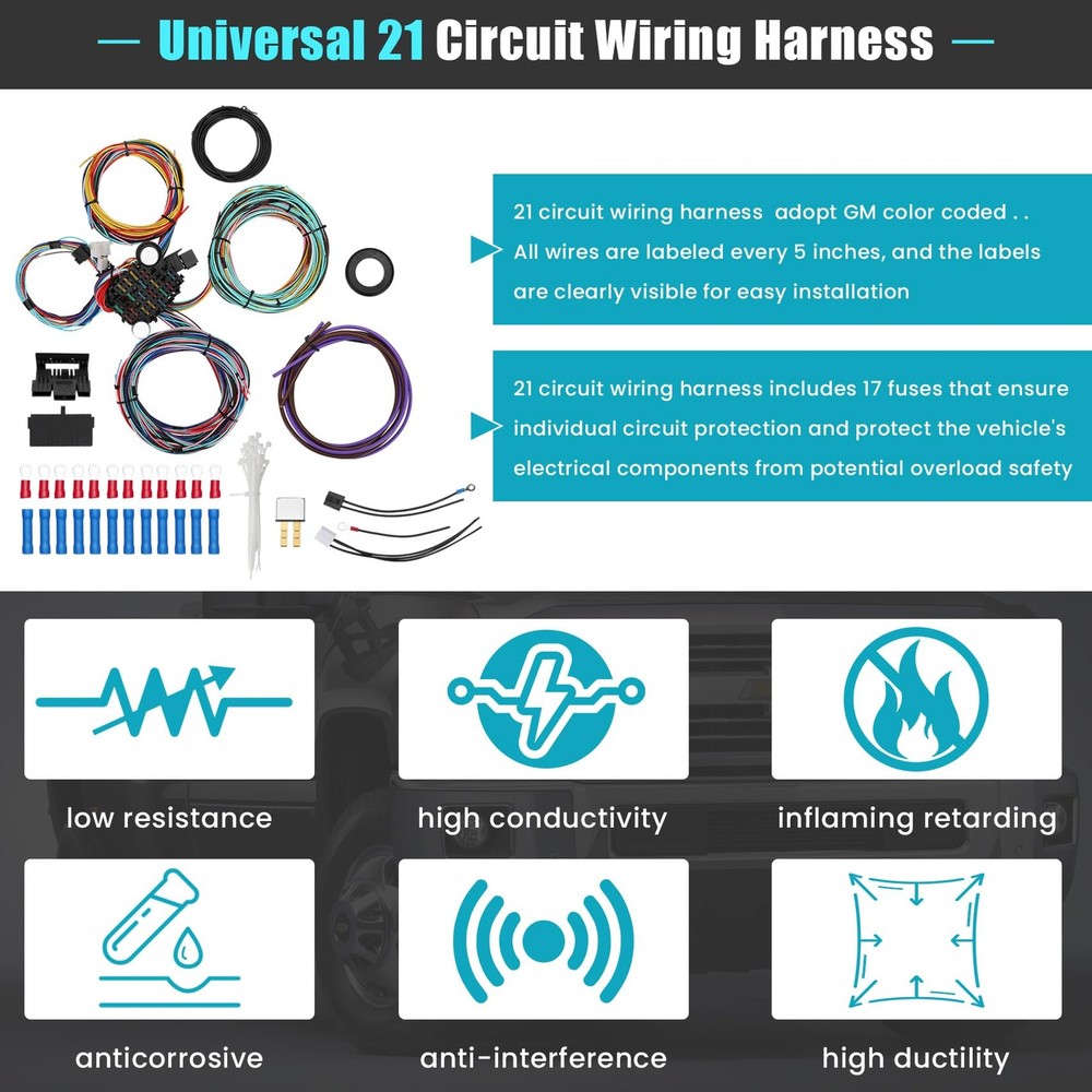 Universal 21 Circuit Wiring Harness Kit, Extra Long Wire 21...