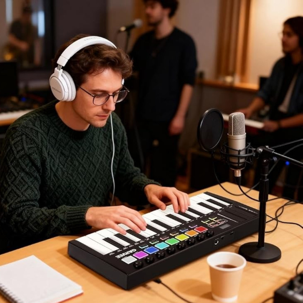 25-Key Half-Weight MIDI Keyboard with 8 Backlit Drum Pads & 8 Knobs, Bluetooth