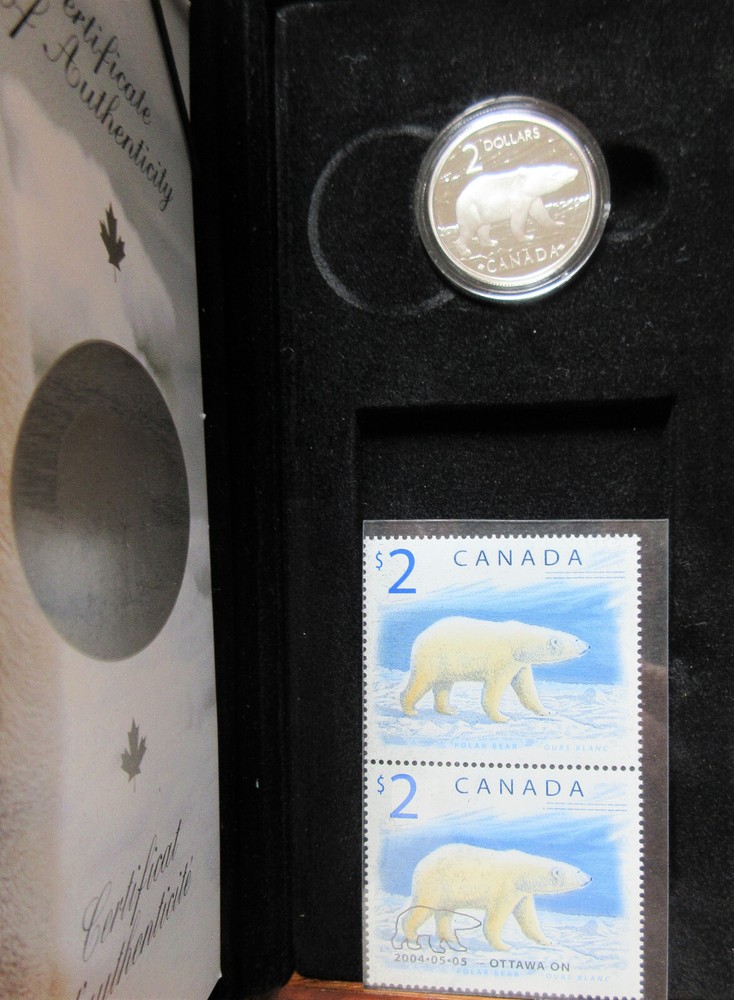 2004 Canada Polar Bear $2 Silver Coin & Stamp Set. Mint UNC. RJ