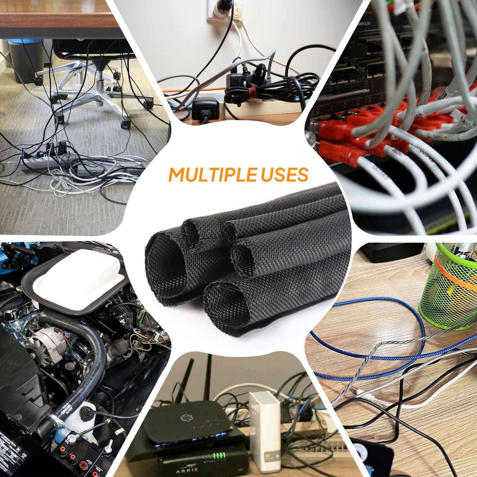 Split Braided Cable Sleeve Self-Wrap Wire Loom for Auto Harness Protection Black