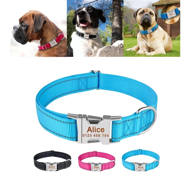 Personalized dog collar engraved custom ID Tag Name Number Nylon reflective S-XL