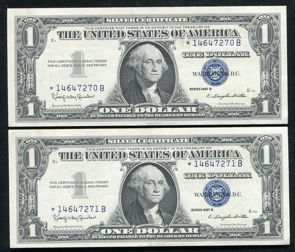 (2) CONSECUTIVE 1957-B $1 ONE DOLLAR *STAR* SILVER CERTIFICATES GEM UNCIRCULATED