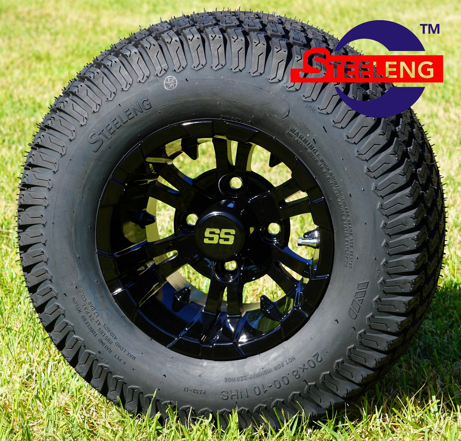 GOLF CART 10"x7" BLACK VAMPIRE WHEELS/RIMS and 20" STREET/TURF TIRES (SET OF 4)