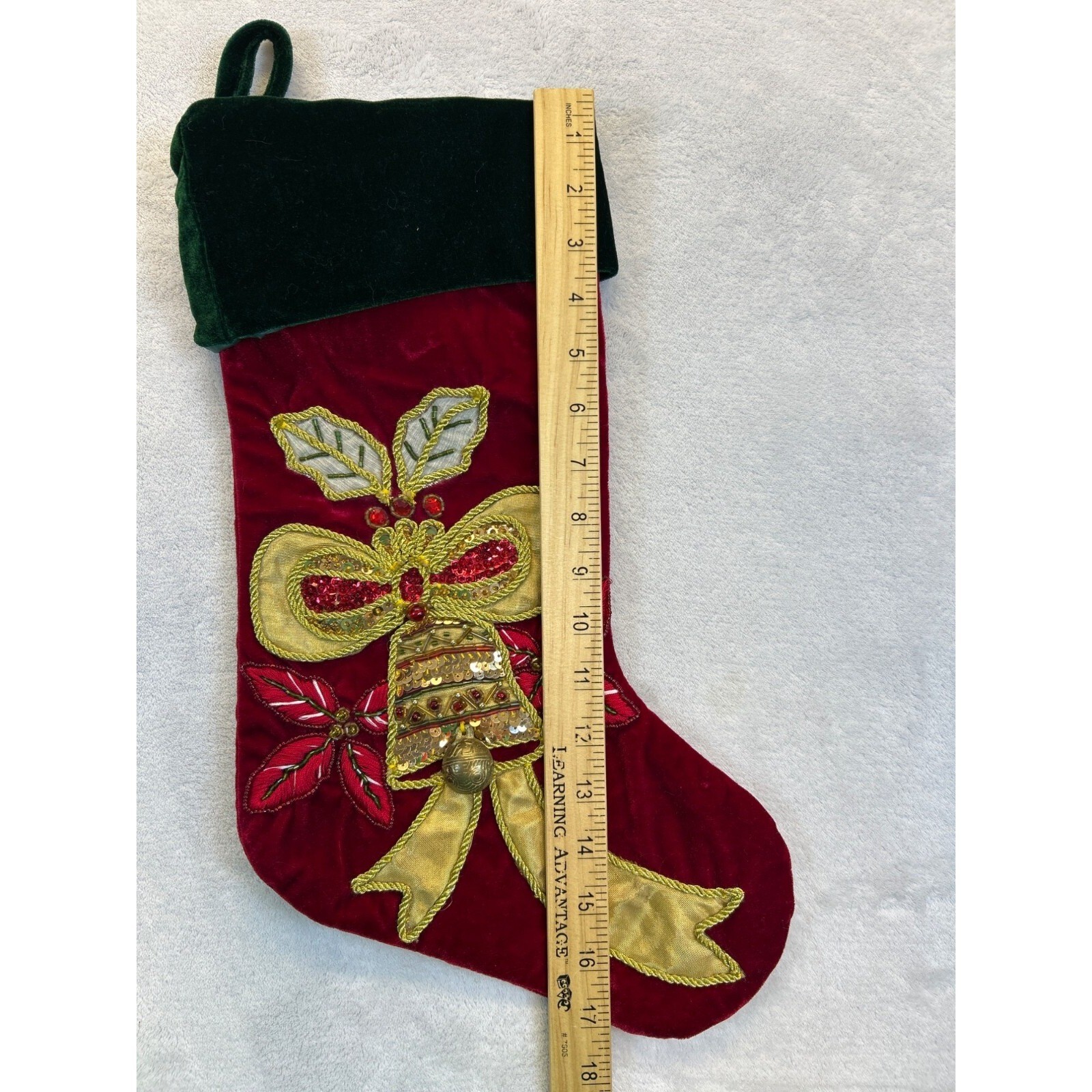 Vtg Christmas Stocking Velvet Jingle Bell Embroidered Poinsettias Sequins Beaded