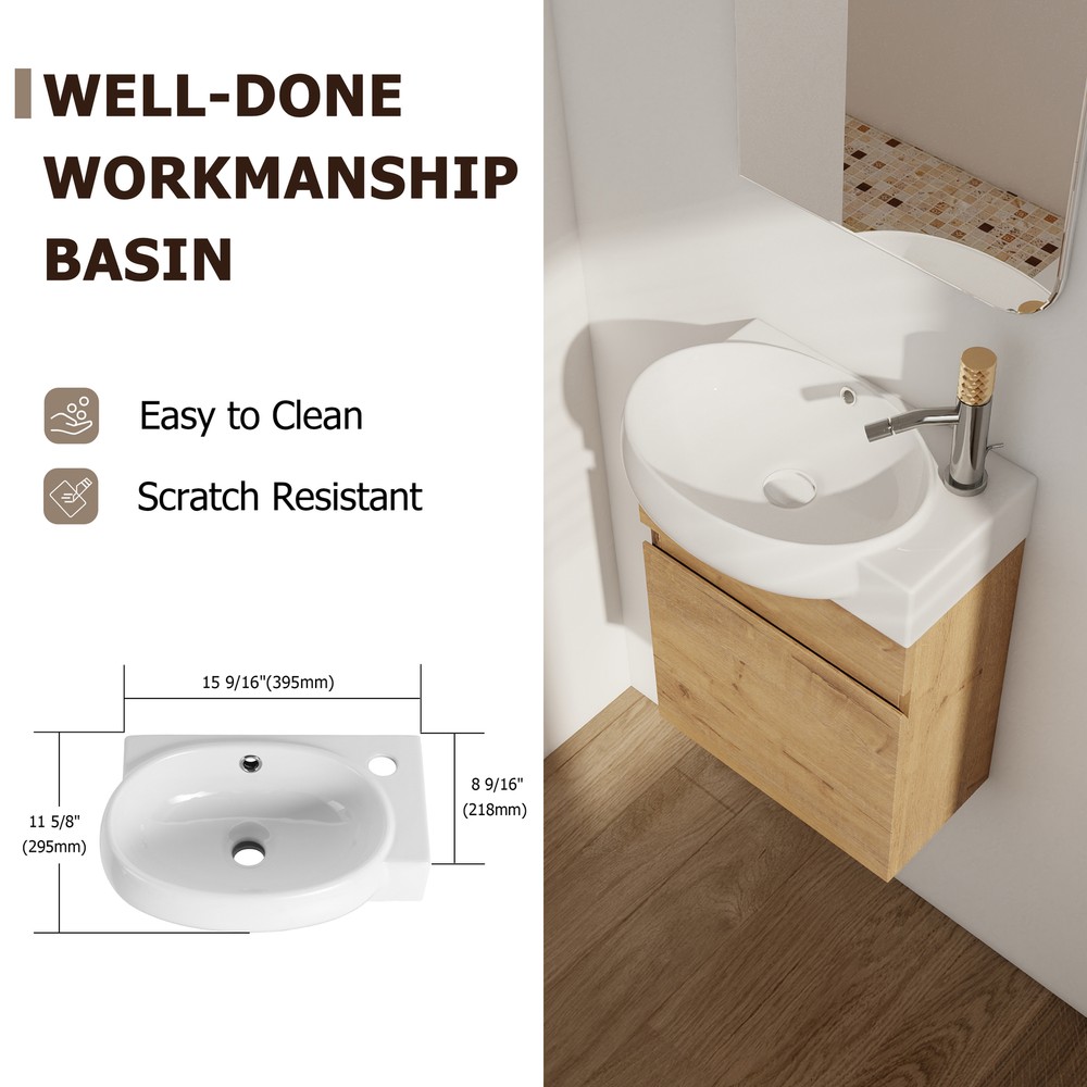 16" Wall Mounted Floating Bathroom Vanity W/ Round Sink Combo for Small Space