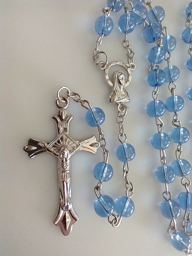 Catholic Blue Glass 5 Decade Rosary Silver Tone Crucifix