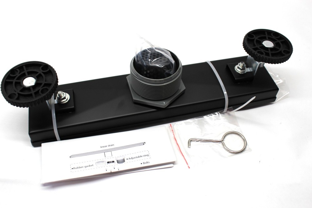 Linear Shower Drain 12 Inch Rectangular, Removable Quadrato Pattern SS Grate BLK