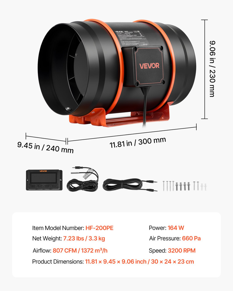8" Inline Duct Fan 807 CFM EC Motor w/ App Temp Humidity Controller