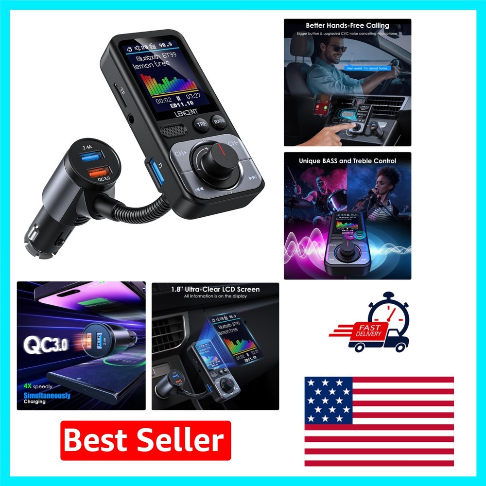 Bluetooth 5.0 FM Transmitter with 1.8'' LCD - Fast Charging & Hands-Free Calling