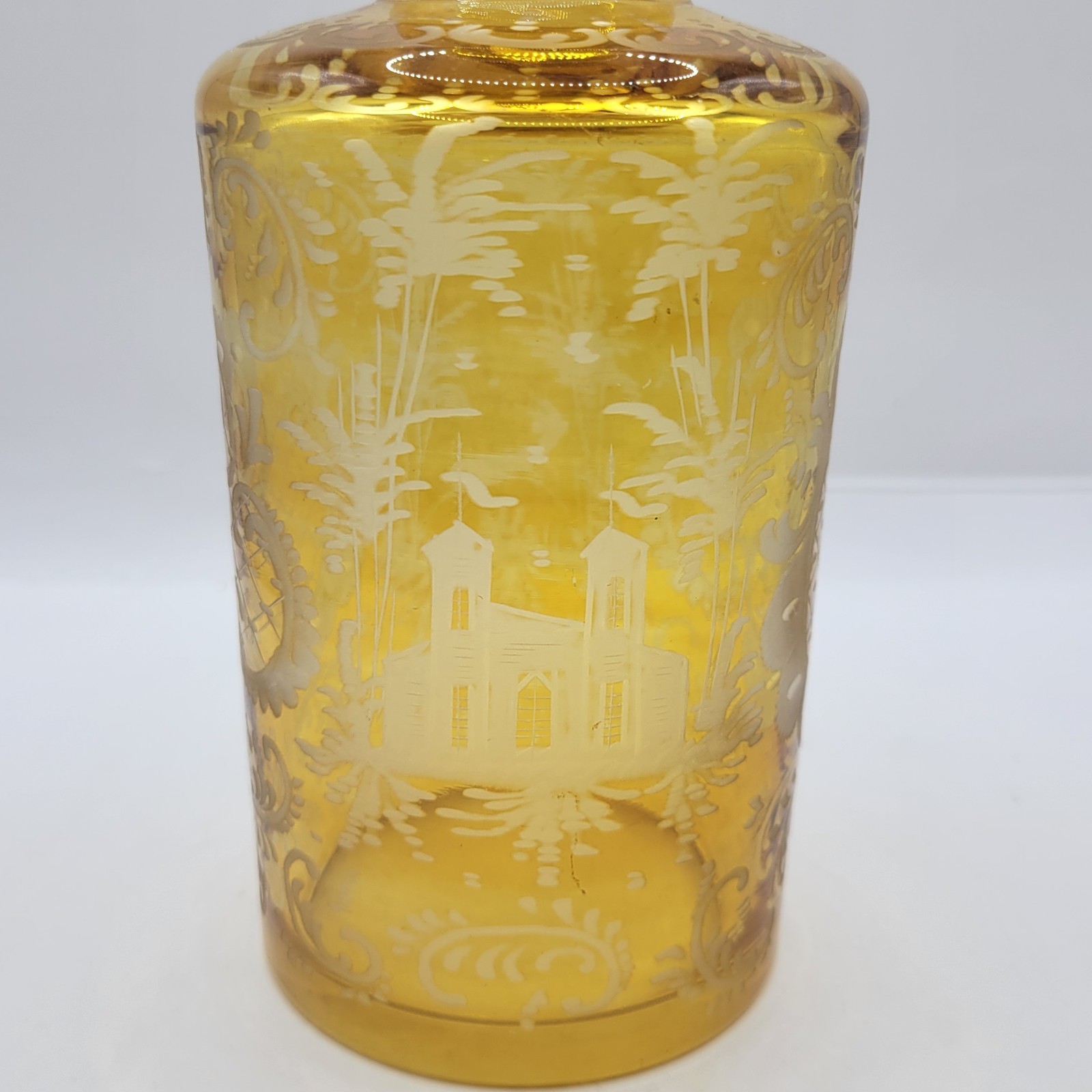 Antique Bohemian Amber Yellow Glass Cut to Clear Glass Castles Dark Academia