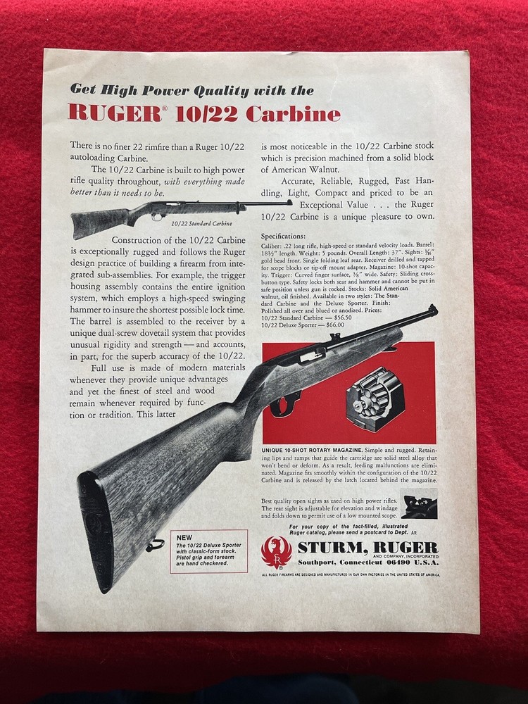 Sturm Ruger 1972 Print Ad 10/22 Carbine Advertisement