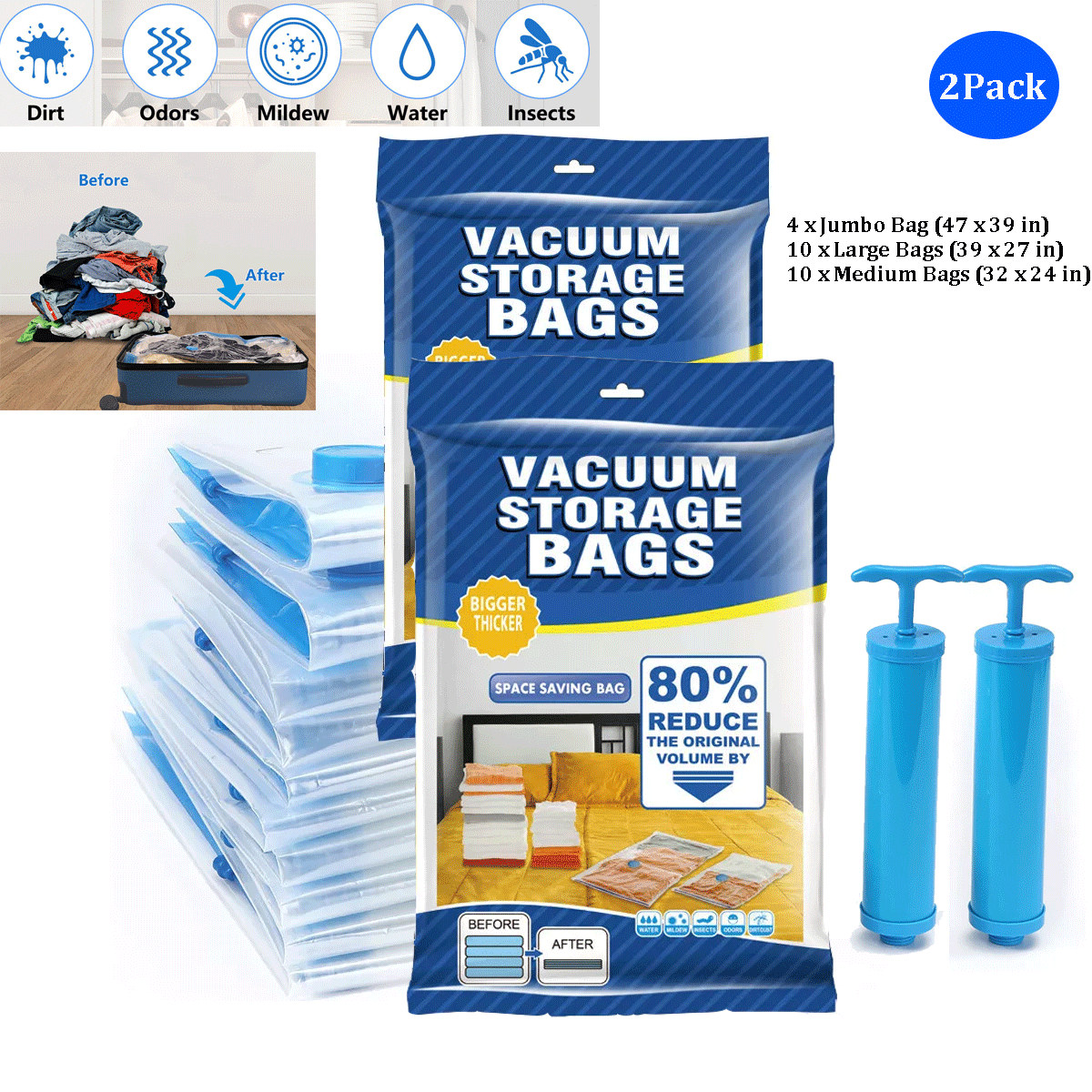 24 x Jumbo Vacuum Storage Bags Travel Space Saver Garment Seal Clothes Hand Pump