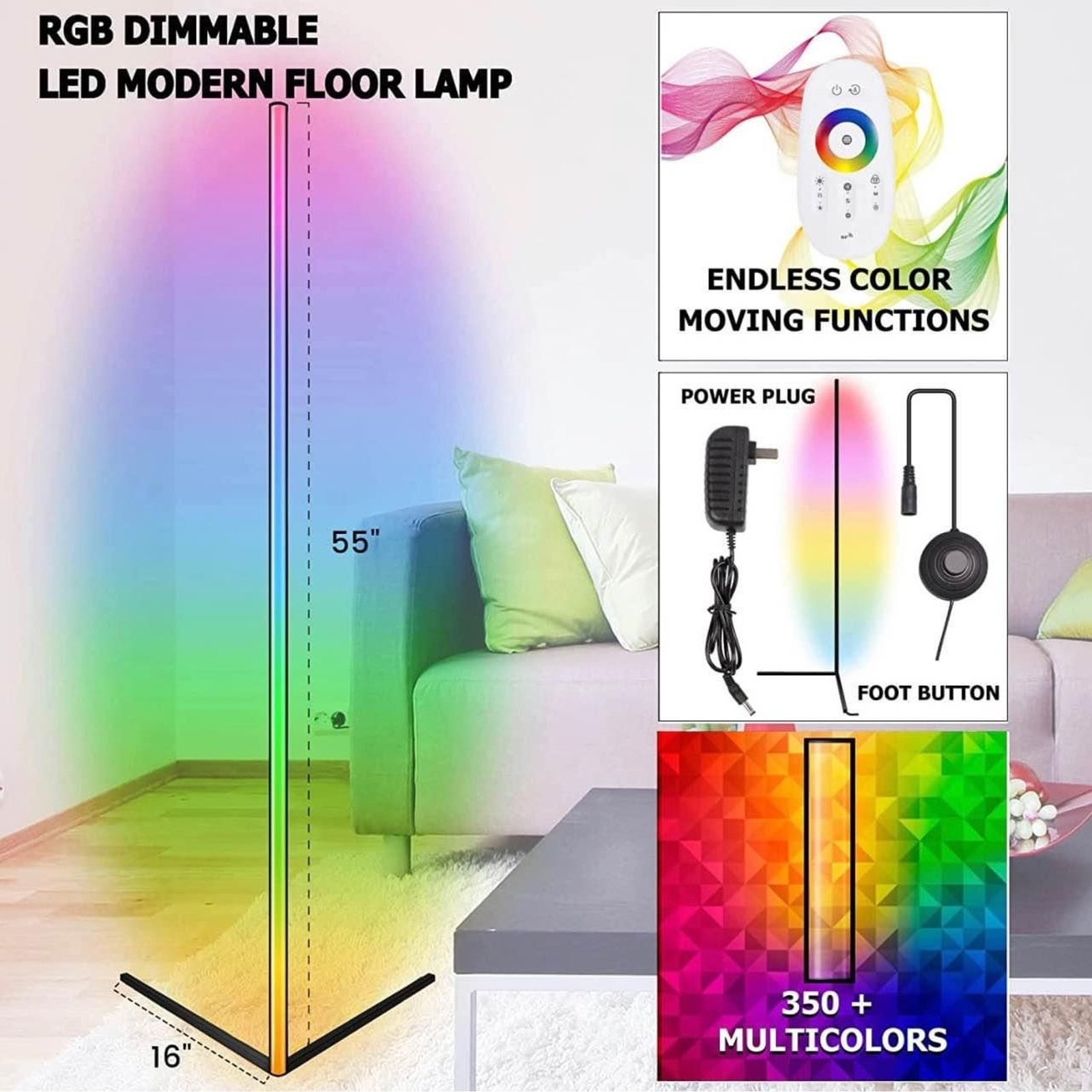 LED Floor Lamp, RGB Corner Light with Dimmable Remote Control Black 20W