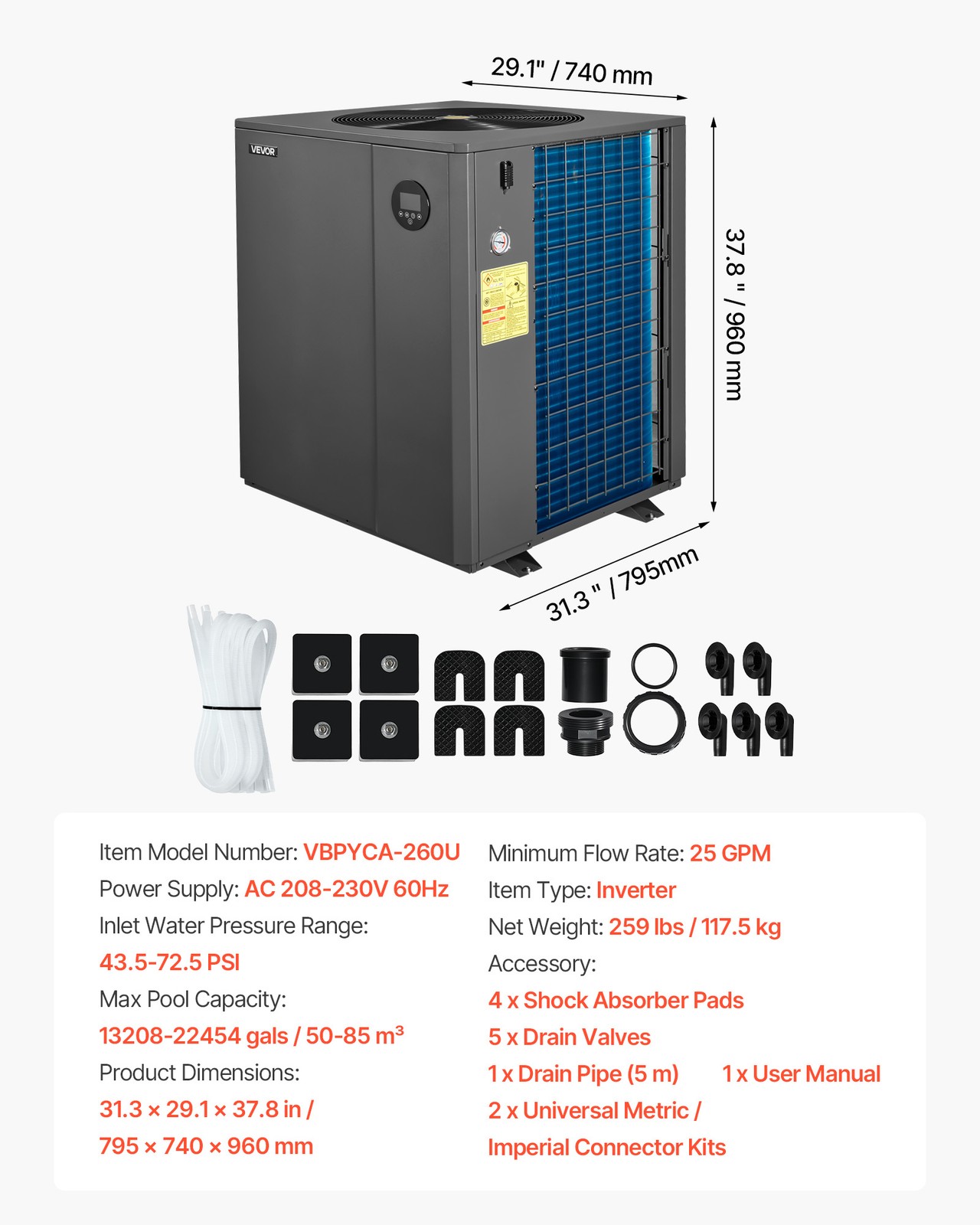 VEVOR 88850 BTU Pool Heat Pump Electric Heater for In-Ground All-DC Inverter