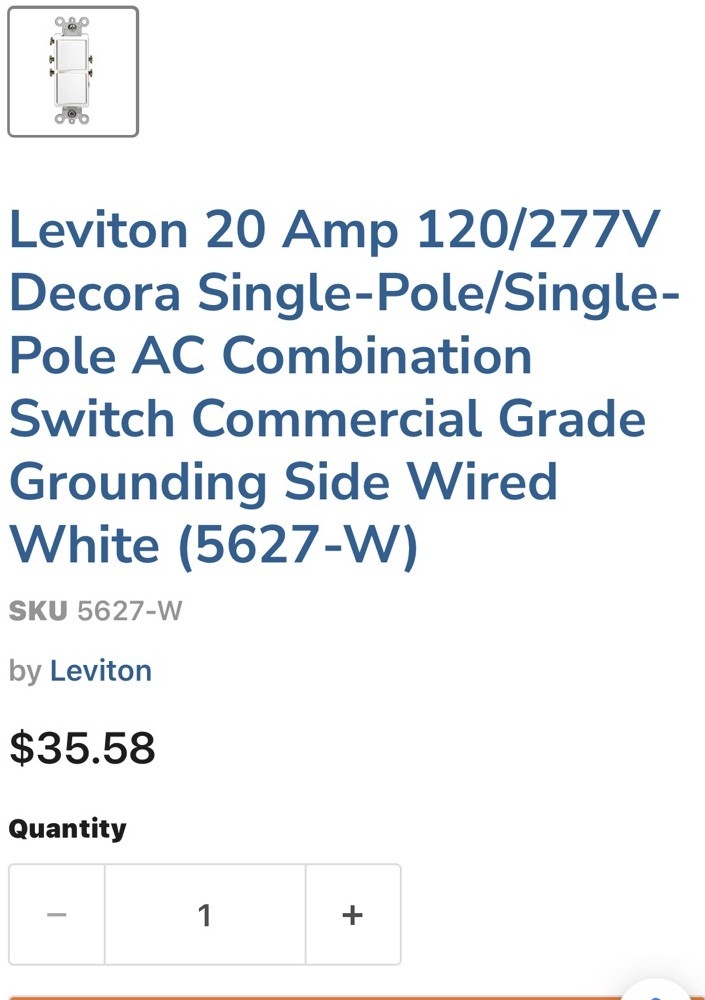 Leviton 5627-W Single Pole Switch 20A 120