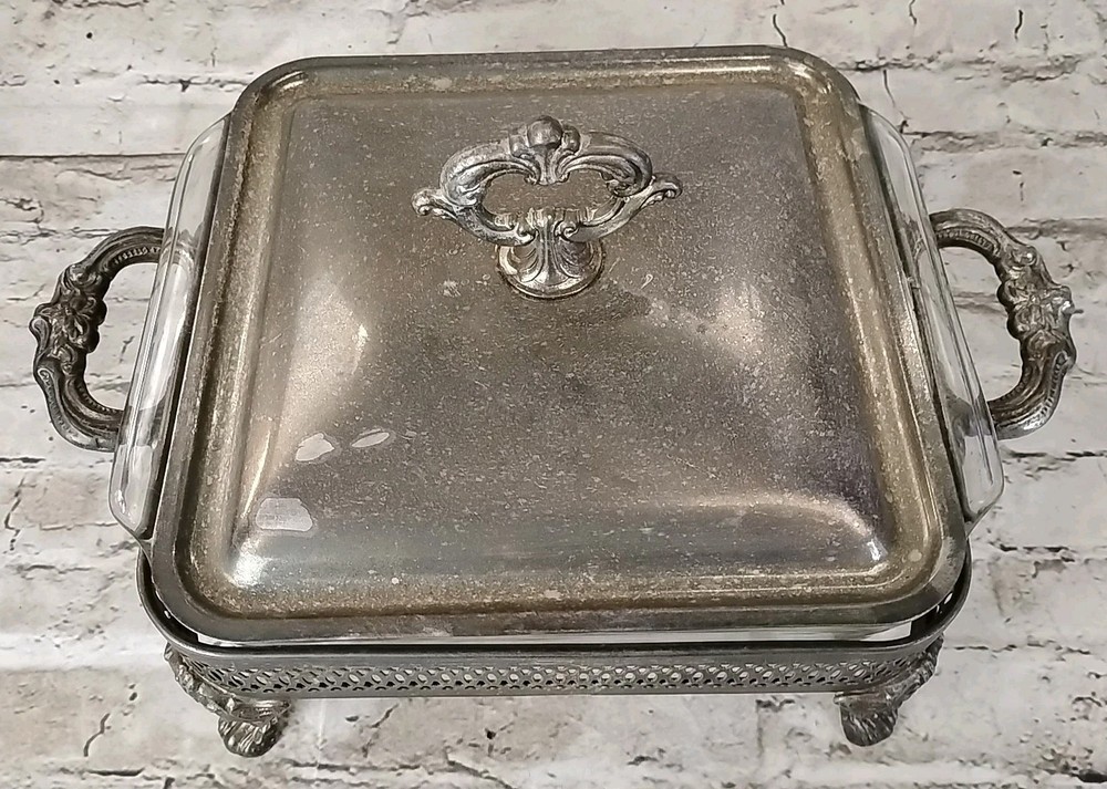 Vintage Silver Plate Footed BUFFET SERVER with Fire King Ovenware Glass Insert
