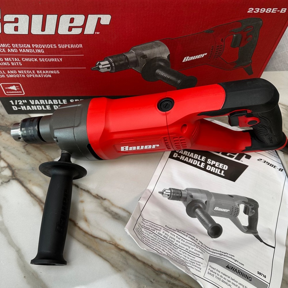 Bauer 9 amp 1/2” Variable Speed D-Handle Drill 2398E-B NIB