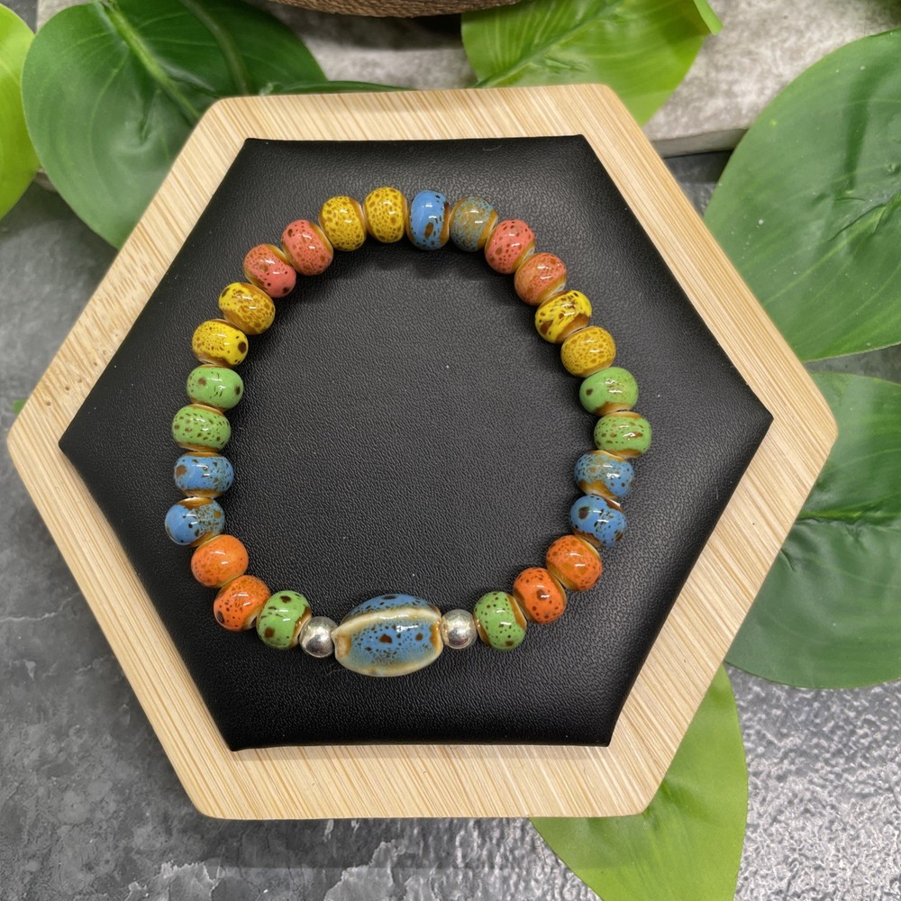 Handmade Ceramic Bead Beaded Stackable 6” Plus Stretch Bracelet New B30