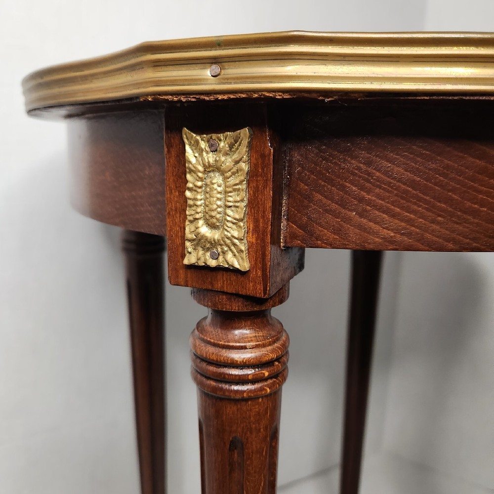 French Side Table W/ Handpainted Ebonized Top Metal Edging Ormolu Accent Antique