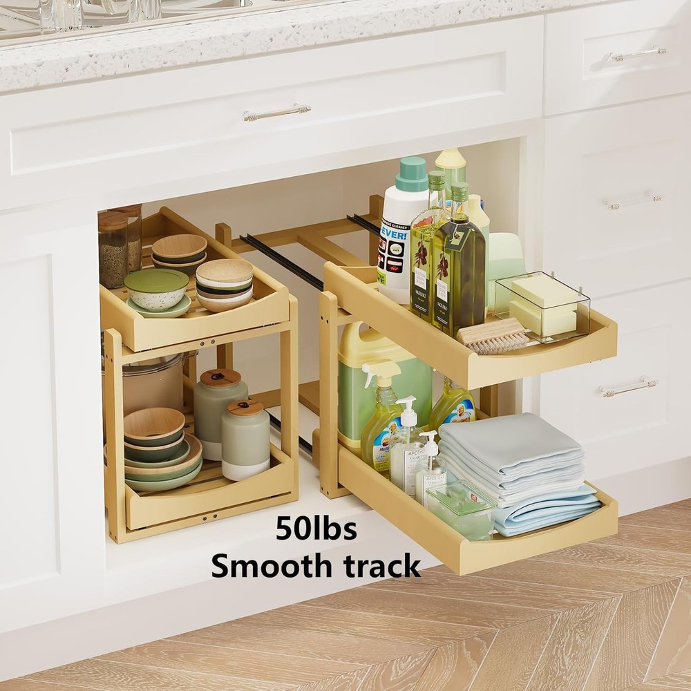 Bamboo Under Sink Organizer Adjustable Height 2 Tier Bathroom Organizer Pull Out