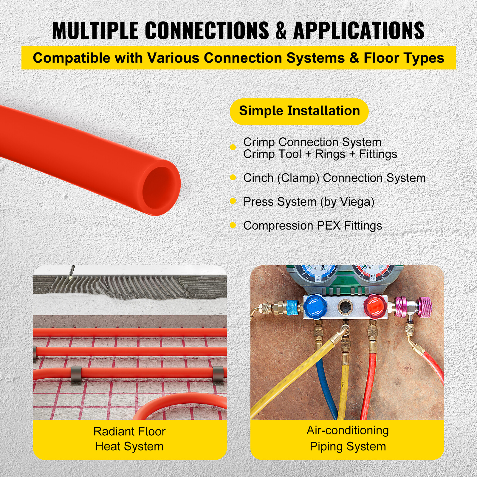 VEVOR 1/2"x300ft Pex Tubing Oxygen Barrier Red Pex-B Pipe Htg/Plbg/Potable Water
